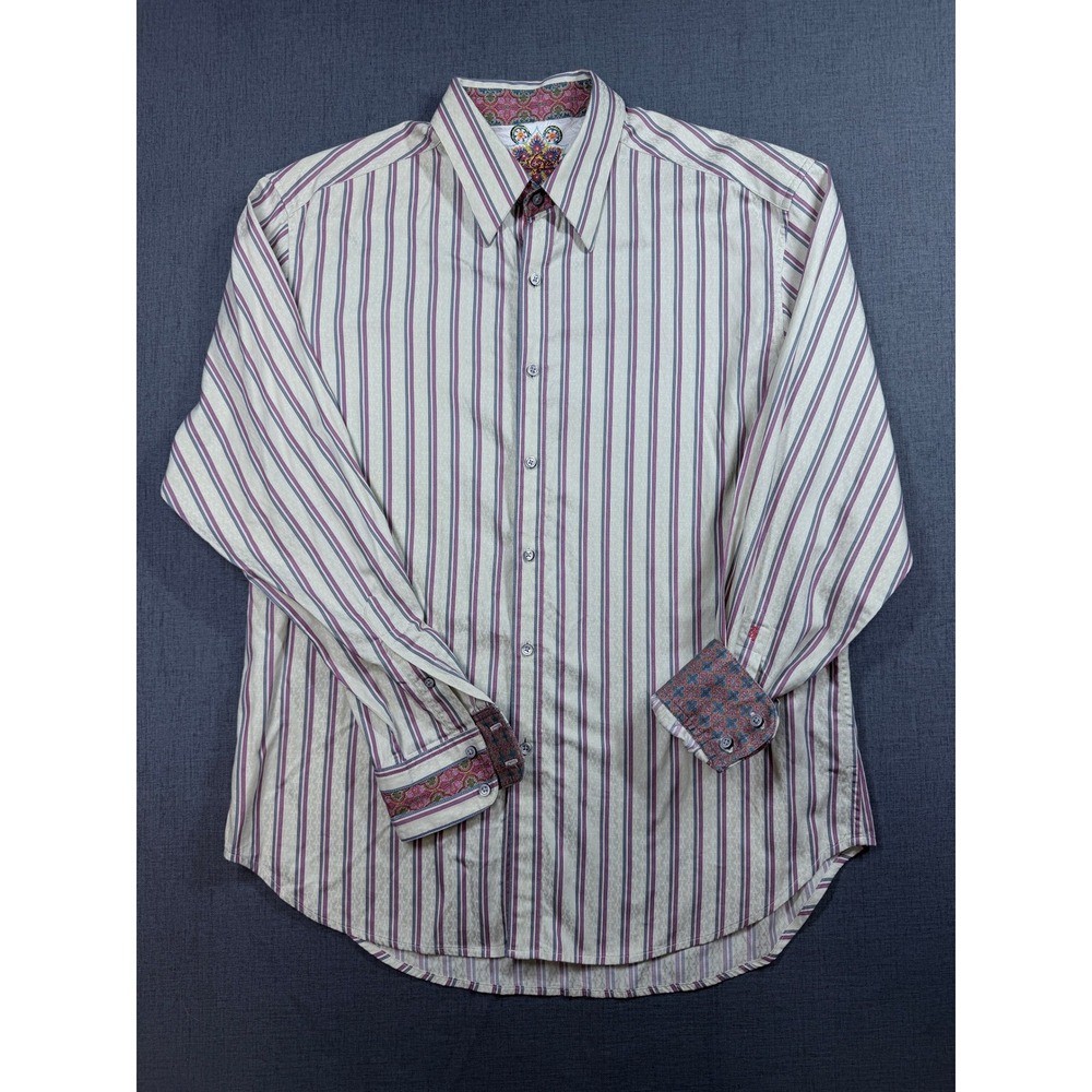 Robert Graham Mens Striped Long Sleeve Button Down Shirt Cream Pink Blue Size XL